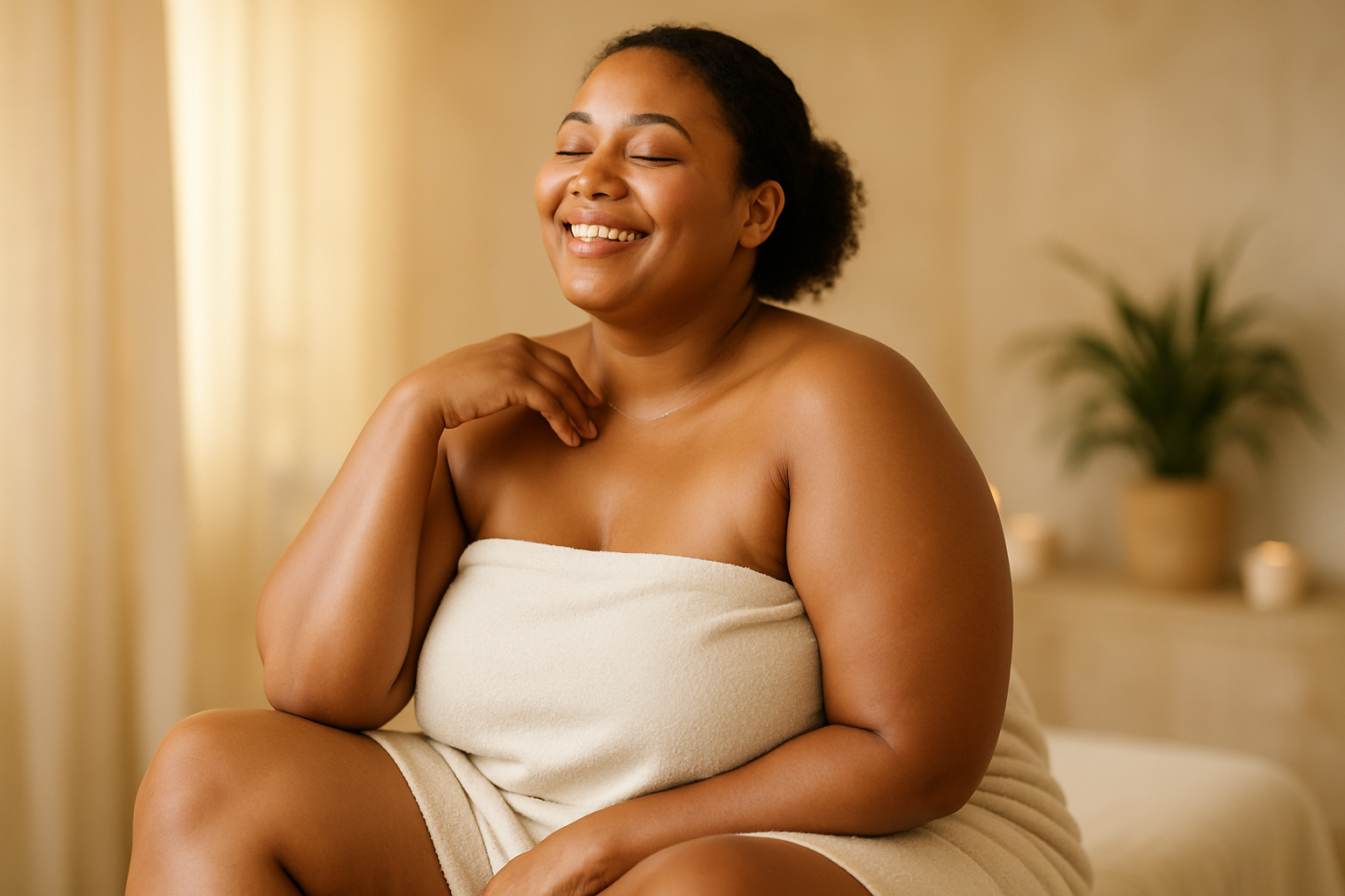eine Frau die sich in Ihrem Körper Pudelwohl fühlt weil sie Ihre Cellulite weg gekriegt hat